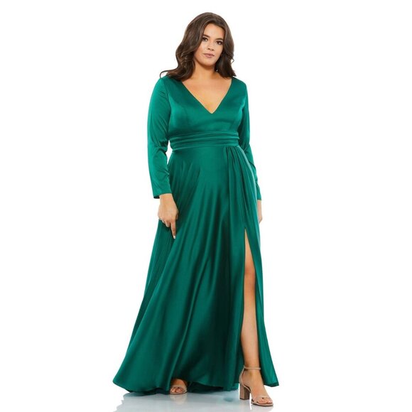 NWT Mac Duggal Satin Long Sleeve Evening Gown (Plus) Emerald 18W #9408 - Picture 1 of 9